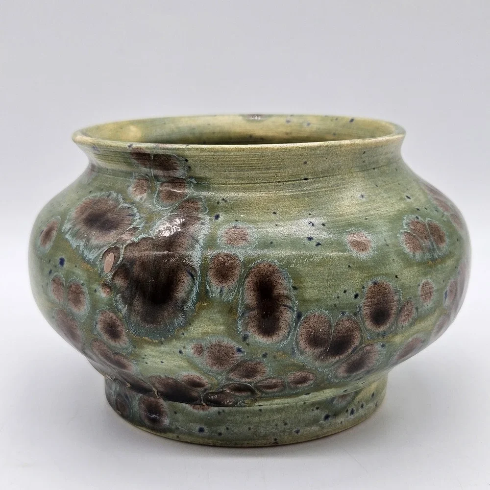 VTG Studio Pottery Crystalline Glaze Small Vase Pot Green Blue Brown Signed